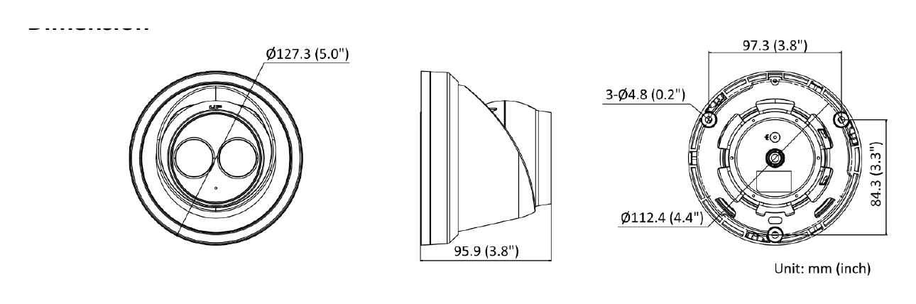 DS-2CD2363G2-IU 外形尺寸圖 Ø 127.3 mm × 95.9 mm (Ø 5.0" × 3.8")｜重量 Approx. 600 g (1.3 lb.)｜Unit: mm
