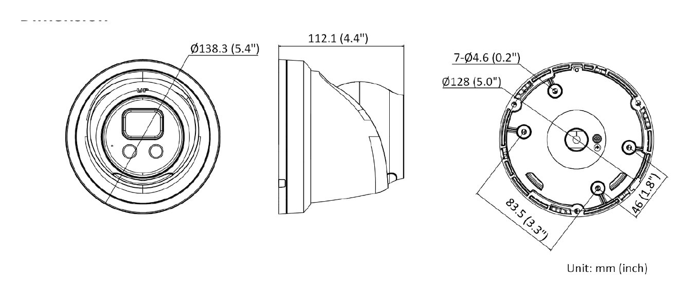 DS-2CD2366G2-ISU 外形尺寸圖 Ø 138.3 mm × 112.1 mm (Ø 5.5" × 4.4")｜重量 Approx. 820 g (1.8 lb.)｜Unit: mm