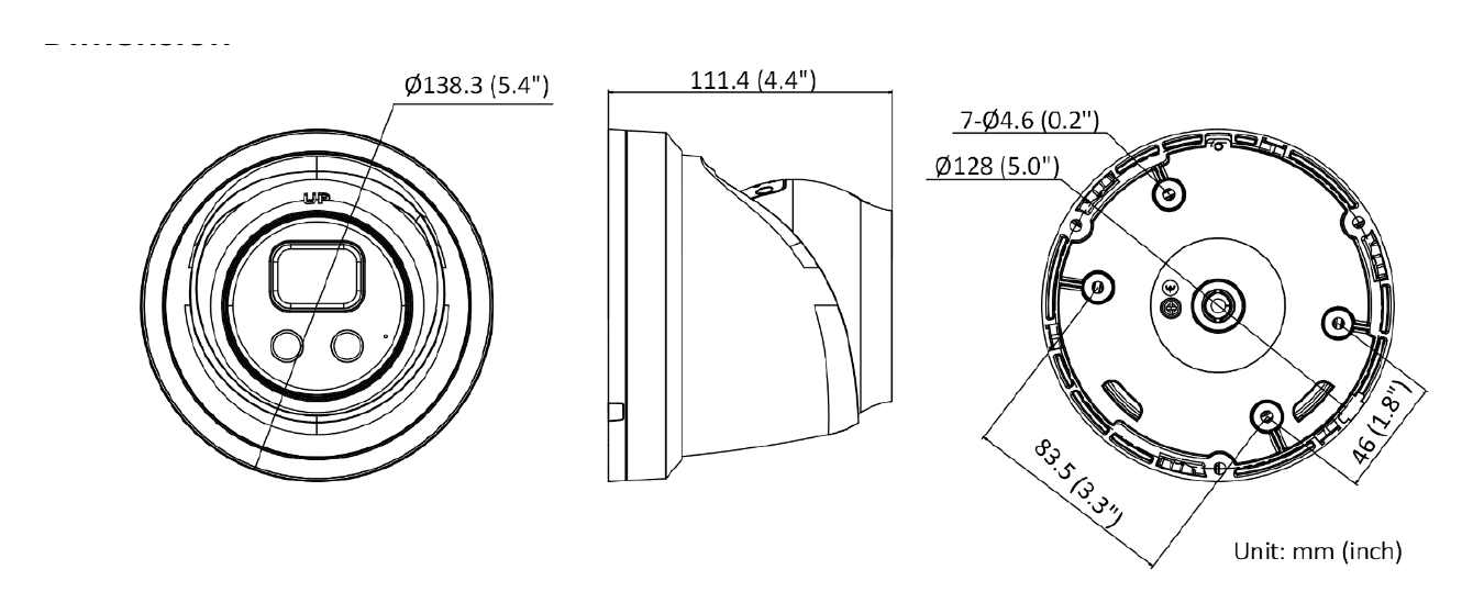 DS-2CD2366G2-IU-C 外形尺寸圖 Ø 138.3 mm × 111.4 mm (Ø 5.4" × 4.4")｜重量 Approx. 740 g (1.6 lb.)｜Unit: mm