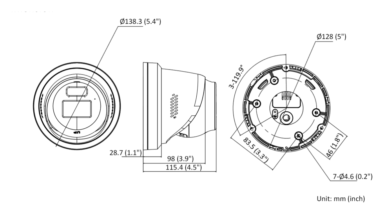 DS-2CD2366G2H-IS2U/S(L)(RB) 外形尺寸圖 Ø 138.3 mm × 115.4 mm (Ø 5.4" × 4.5")｜重量 Approx. 780 g (1.71 lb.)｜Unit: mm