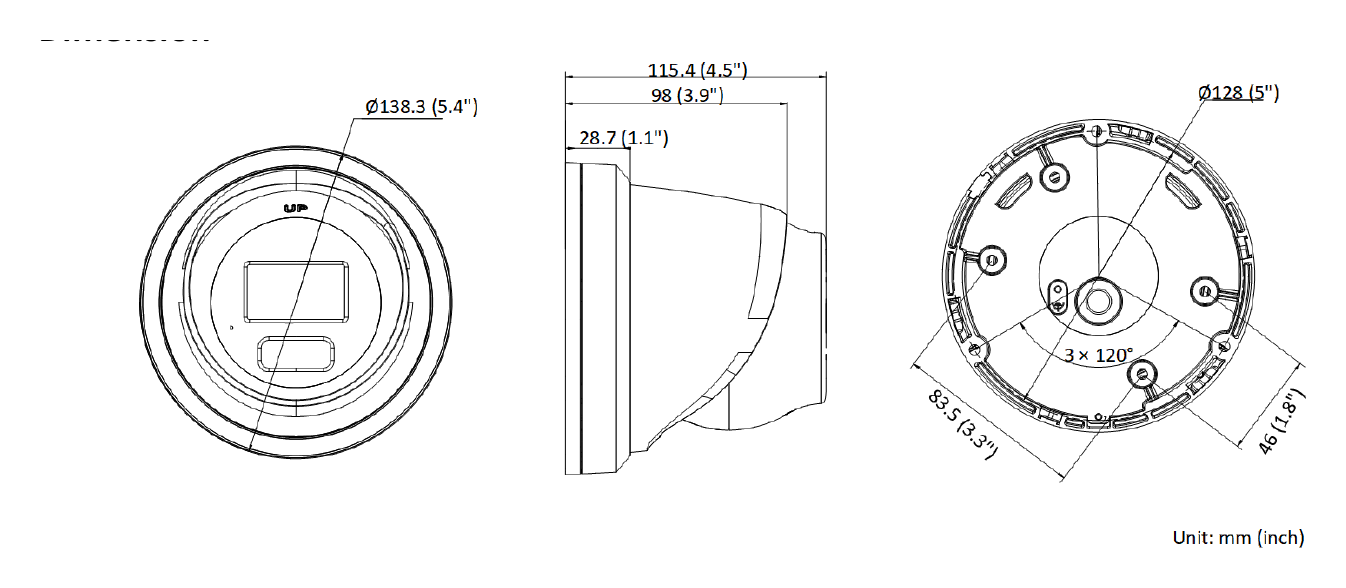 DS-2CD2366G2H-I(U) 外形尺寸圖 Ø 138.3 mm × 115.4 mm (Ø 5.4" × 4.5")｜重量 Approx. 770 g (1.7 lb.)｜Unit: mm