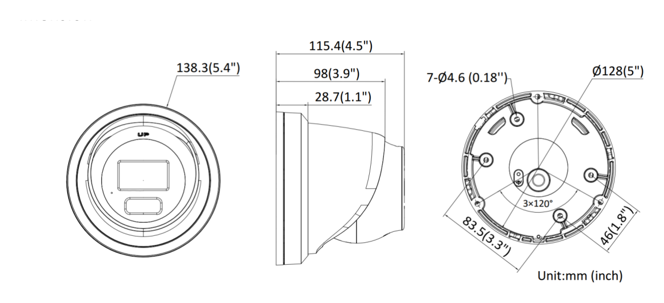 DS-2CD2367G2-LU-C 外形尺寸圖 Ø 138.3 mm × 115.2 mm (Ø 5.4" × 4.5")｜重量 Approx. 800 g (1.8 lb.)｜Unit: mm