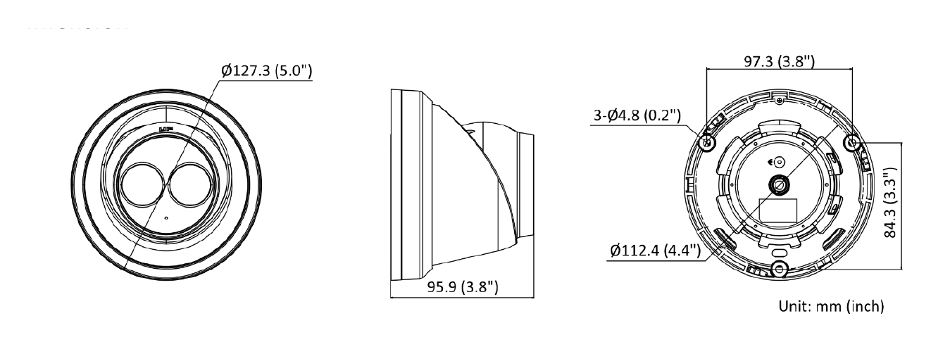 DS-2CD2383G2-IU 外形尺寸圖 Ø 127.3 mm × 95.9 mm (Ø 5.0" × 3.8")｜重量 Approx. 600 g (1.3 lb.)｜Unit: mm