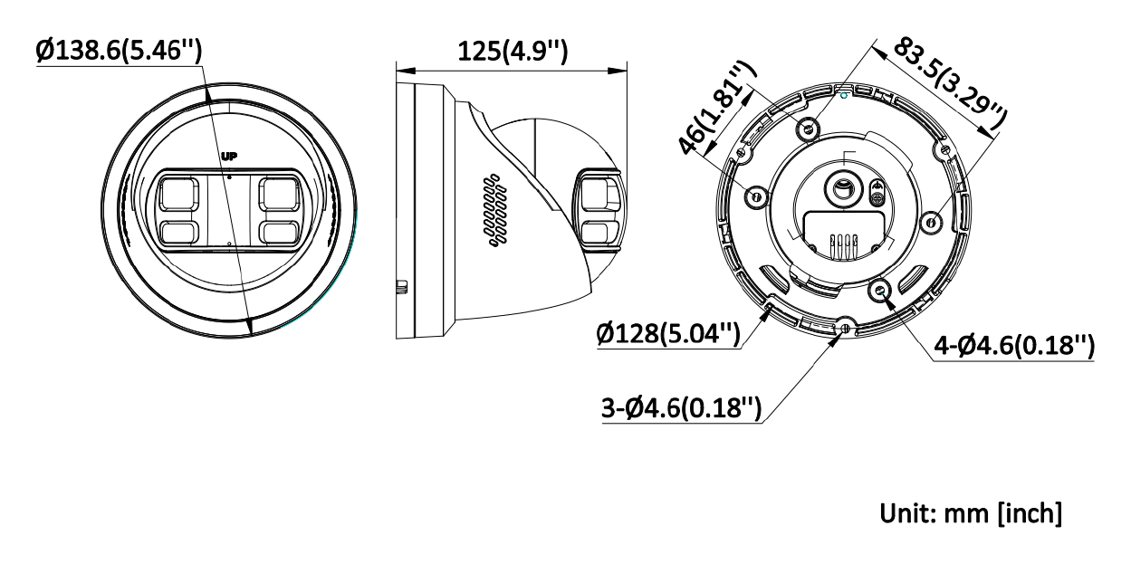 DS-2CD2383G2P-LISU 外形尺寸圖 Ø 138.6 mm × 125 mm (Ø 5.46" × 4.9")｜重量 Approx. 808 g (1.781 lb.)｜Unit: mm