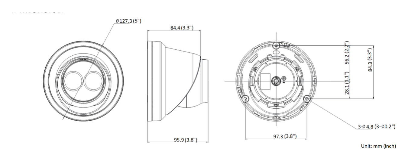 DS-2CD2385FWD-I 外形尺寸圖 Ø127.3 × 95.9 mm (Ø5″ × 3.8″)｜重量 620 g (1.4 lb.) -30 °C to 60 °C (-22 °F to 140 °F). Humidity 95% or less (non-condensin