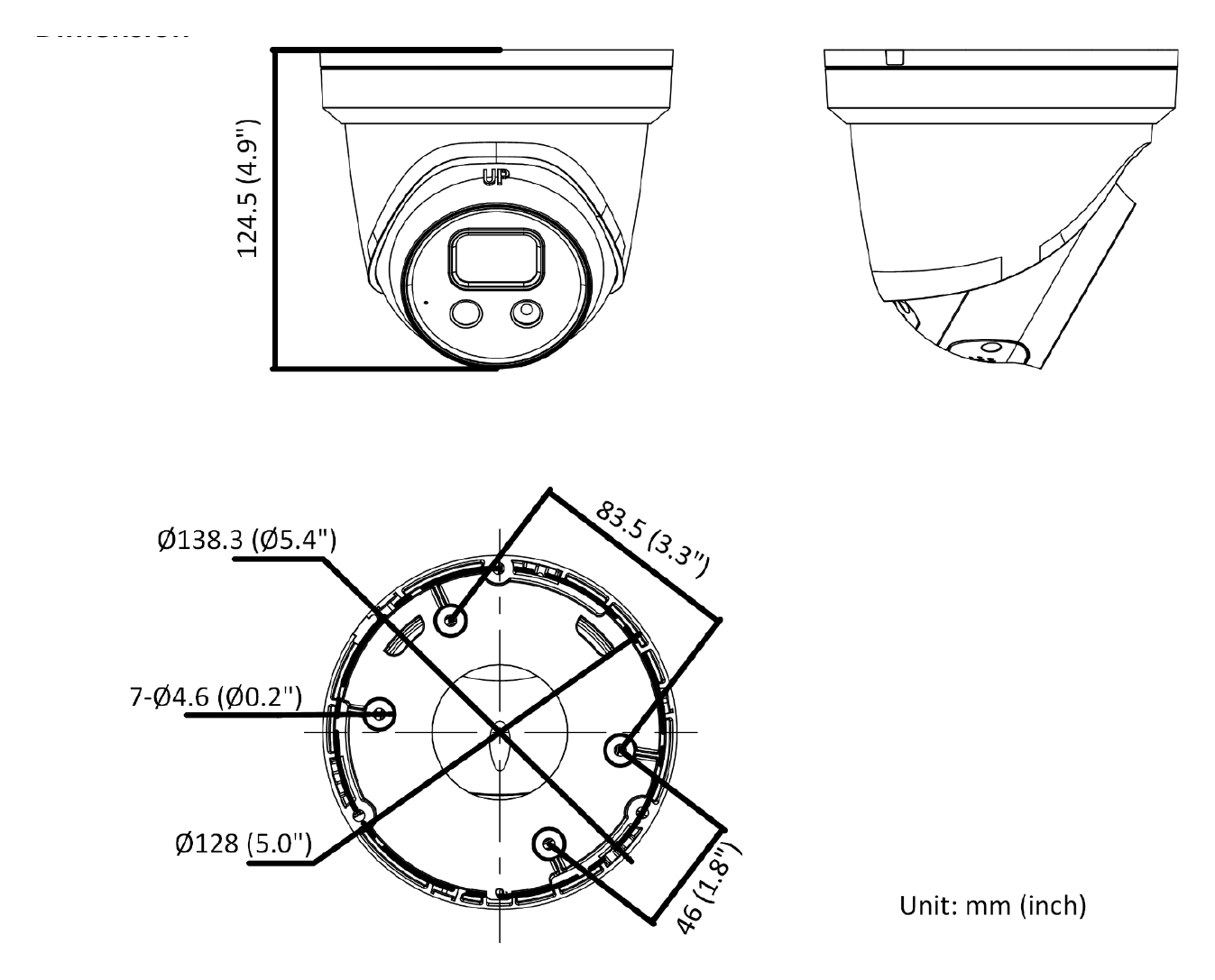 DS-2CD2386G2-ISU 外形尺寸圖 Ø 138.3 mm× 124.5 mm (Ø 5.4" × 4.9")｜重量 Approx. 840 g (1.9 lb.)｜Unit: mm