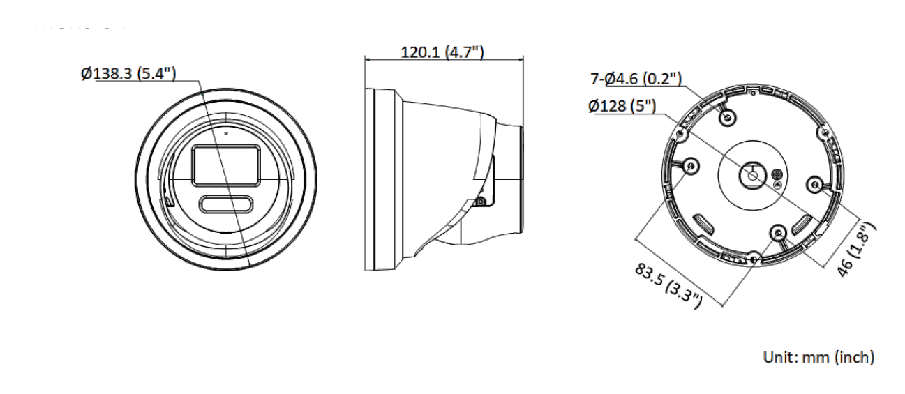 DS-2CD2387G2-LSU 外形尺寸圖 Ø 138.3 mm × 120.1 mm (Ø 5.4" × 4.7")｜重量 Approx. 900 g (2.0 lb.)｜Unit: mm