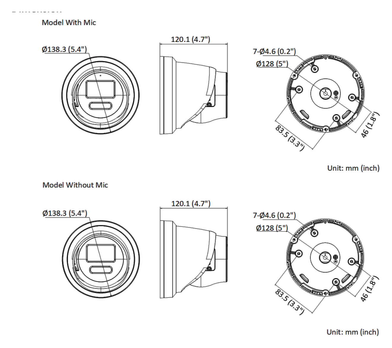 DS-2CD2387G2-LU-C 外形尺寸圖 Ø 138.3 mm × 120.1 mm (Ø 5.4" × 4.7")｜重量 Approx. 870 g (1.9 lb.)｜Unit: mm