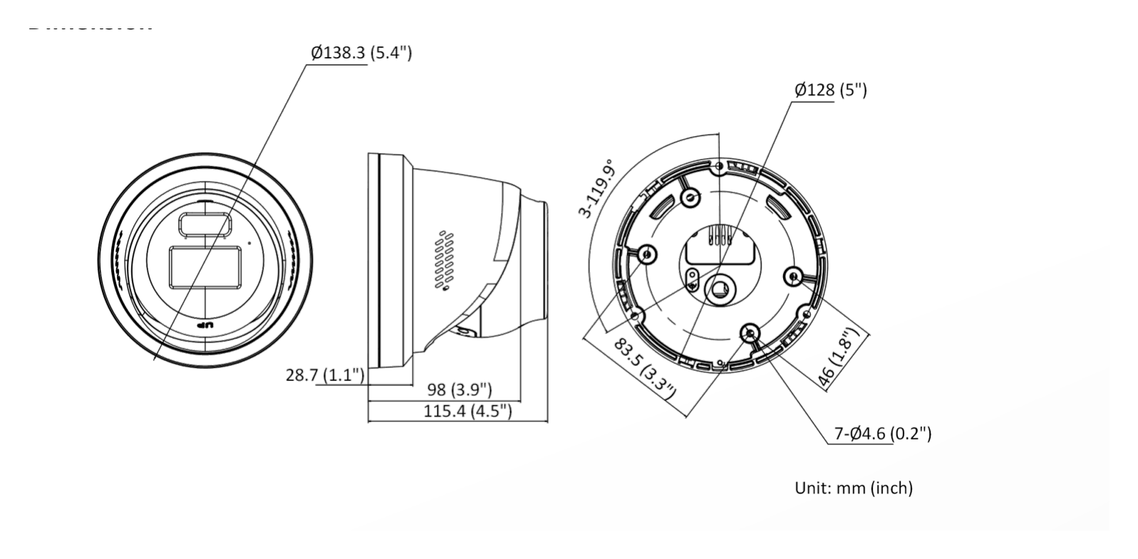 DS-2CD2387G3-LIS2UY 外形尺寸圖 Ø 138.3 mm × 115.4 mm (Ø 5.4" × 4.5")｜重量 Approx. 820 g (1.8 lb.)｜Unit: mm