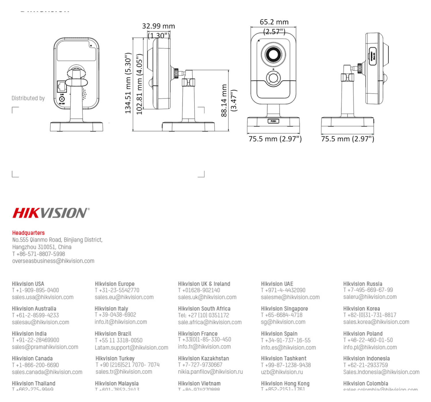 DS-2CD2423G0-IW-W 外形尺寸圖 102.8 mm × 65.2 mm × 32.6 mm (4.1" × 2.6" × 1.3")｜重量 Camera: Approx. 128 g (0.3 lb.) Compression Standard｜Unit: mm