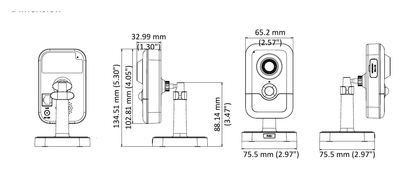DS-2CD2425FWD-IW 外形尺寸圖 102.8 mm × 65.2 mm × 32.6 mm (4.05" × 2.57" × 1.28")｜重量 Camera: Approx. 128 g (0.28 lb.)｜Unit: mm