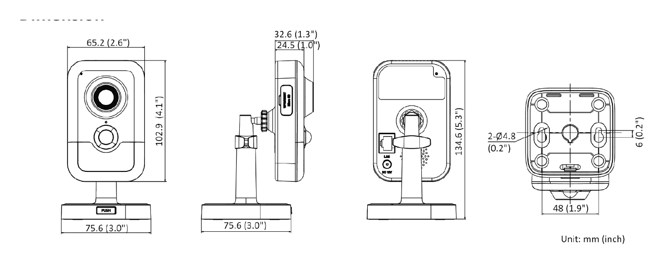 DS-2CD2426G2-I-C 外形尺寸圖 102.9 mm × 65.2 mm × 32.6 mm (4.1" × 2.6" × 1.3")｜重量 Approx. 120 g (0.3 lb.)｜Unit: mm