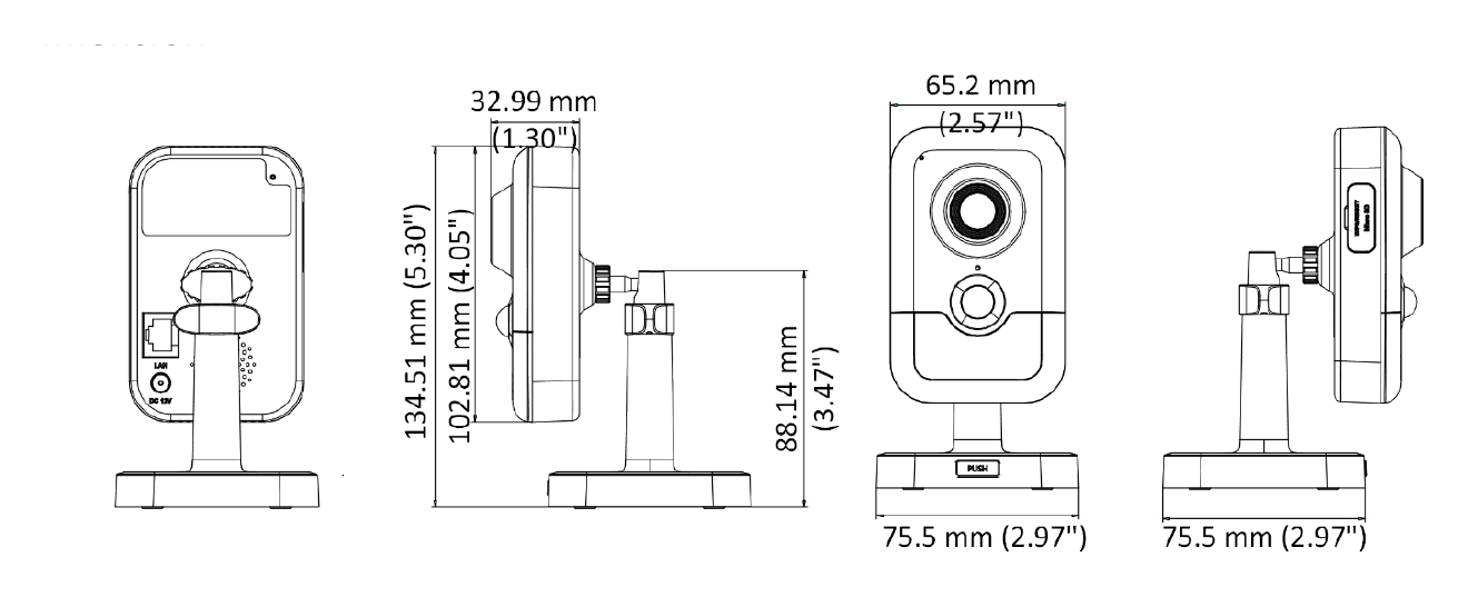 DS-2CD2443G0-IW-W 外形尺寸圖 102.8 mm × 65.2 mm × 32.6 mm (4.1" × 2.6" × 1.3")｜重量 Camera: Approx. 128 g (0.3 lb.)｜Unit: mm