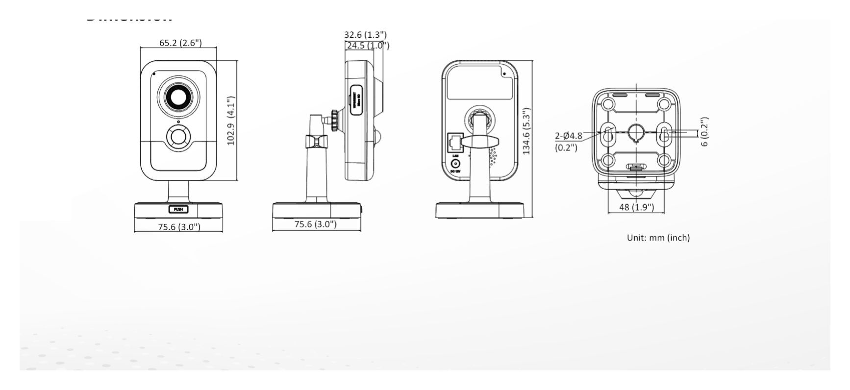 DS-2CD2483G2-I 外形尺寸圖 102.9 mm × 65.2 mm × 32.6 mm (4.1" × 2.6" × 1.3")｜重量 Approx. 120 g (0.3 lb.)｜Unit: mm