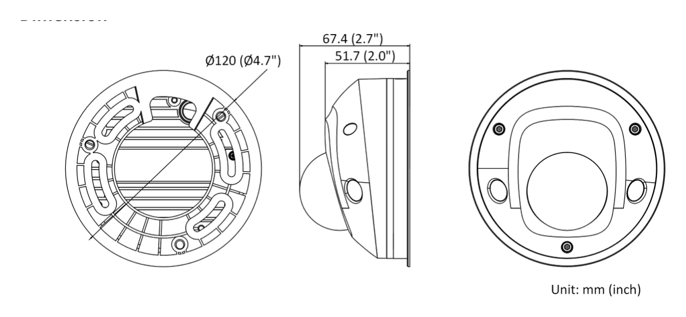 DS-2CD2523G0-IWS-D 外形尺寸圖 Ø 120 mm × 67.4 mm (Ø 4.7" × 2.7")｜重量 Camera: approx. 400 g (0.9 lb.)｜Unit: mm