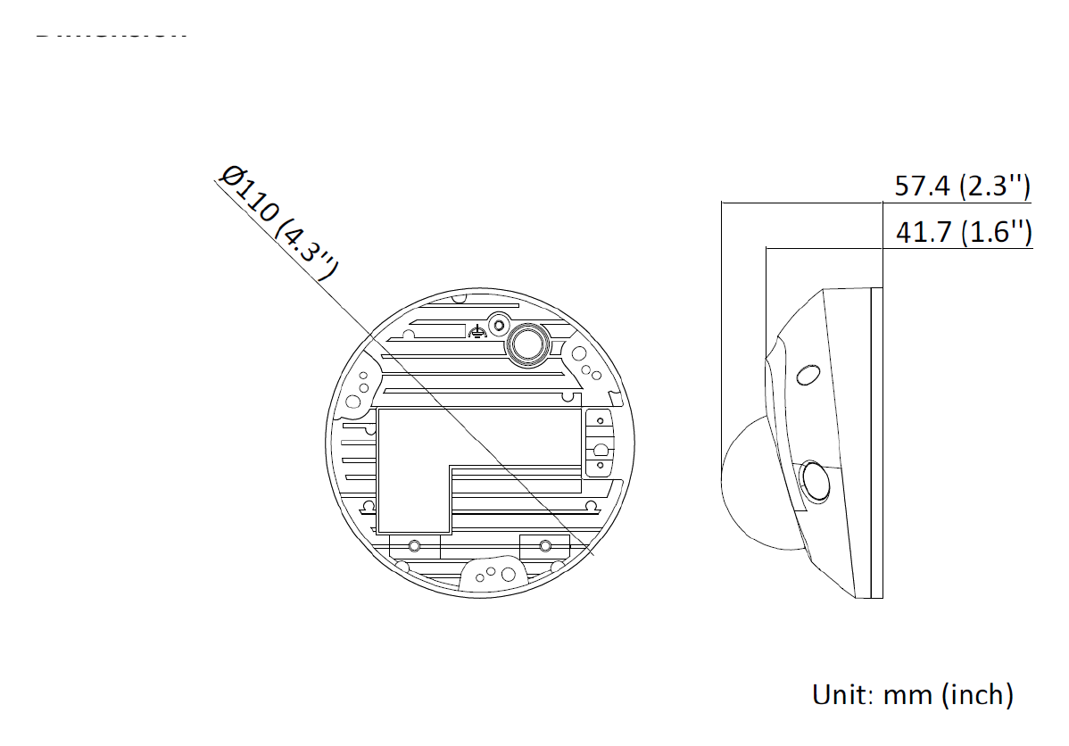 DS-2CD2523G2-IS-D 外形尺寸圖 Ø 110 mm × 57.4 mm (Ø 4.3" × 2.3")｜重量 Approx. 380 g (0.8 lb.)｜Unit: mm