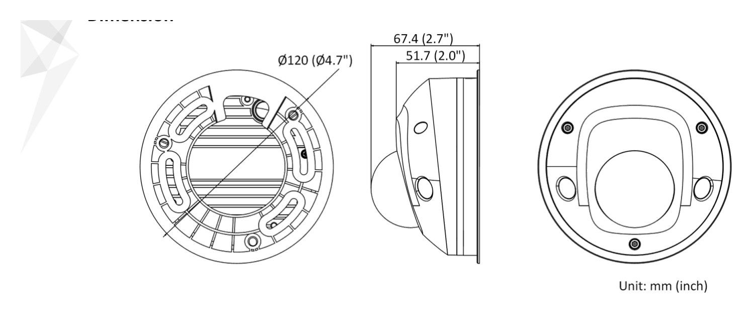 DS-2CD2525FWD-IWS-D 外形尺寸圖 Ø 120 mm × 67.4 mm (Ø 4.7" × 2.7")｜重量 Camera: approx. 400 g (0.88 lb.)｜Unit: mm