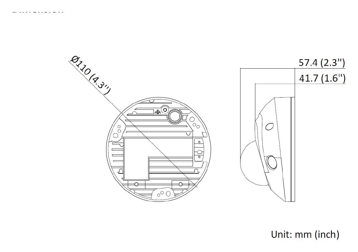 DS-2CD2526G2-IS-D 外形尺寸圖 Ø 110 mm × 57.4 mm (Ø 4.3" × 2.3")｜重量 Approx. 380 g (0.8 lb.)｜Unit: mm