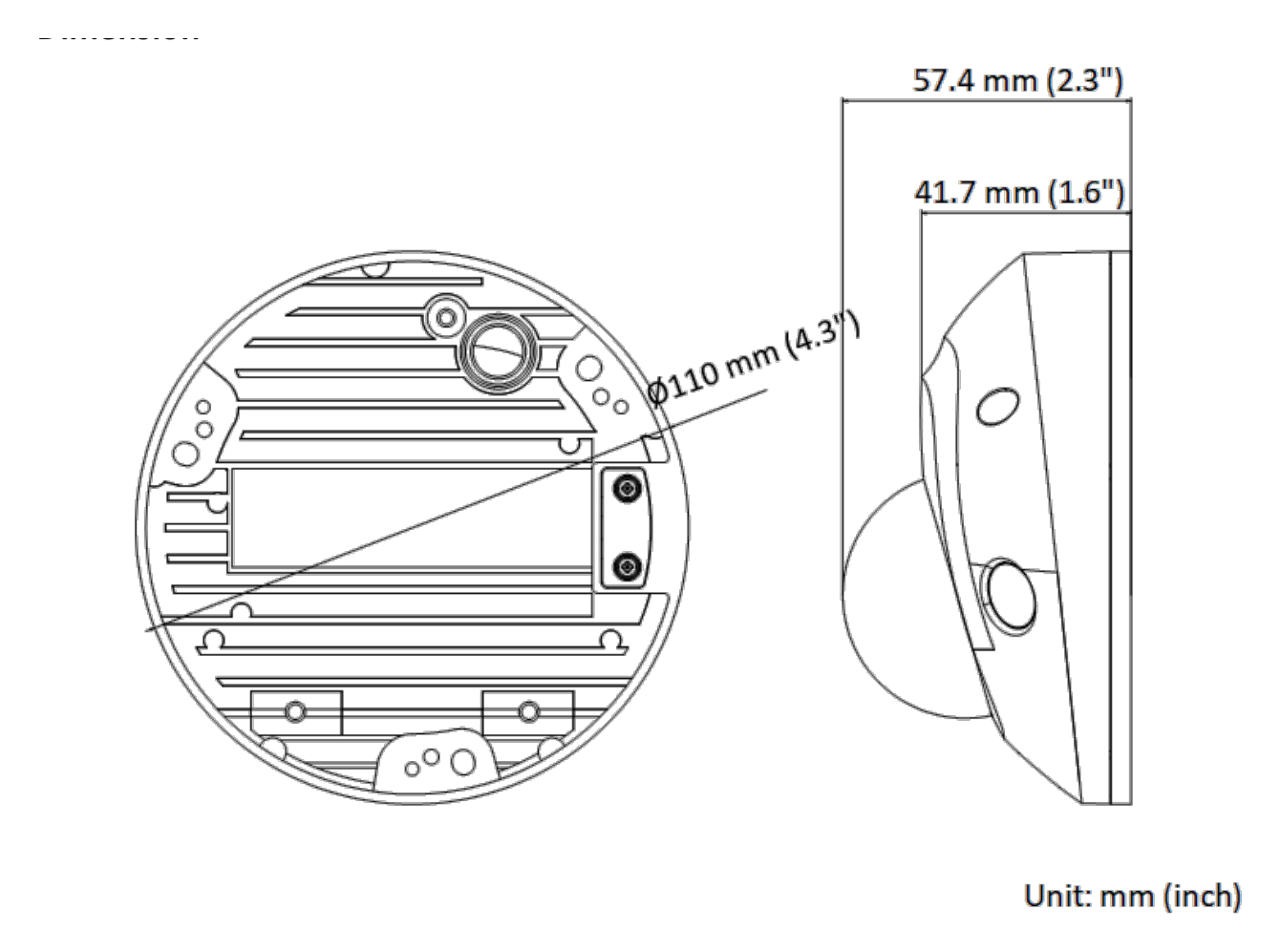 DS-2CD2527G2-LS-C 外形尺寸圖 Ø 110 mm × 57.4 mm (Ø 4.3" × 2.3")｜重量 Approx. 375 g (0.8 lb.)｜Unit: mm