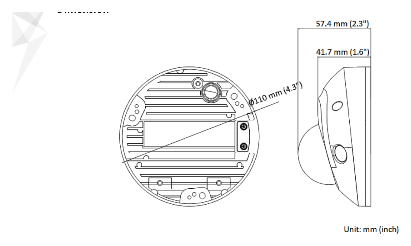 DS-2CD2543G2-IWS 外形尺寸圖 Ø 110 mm × 57.4 mm (Ø 4.3" × 2.3")｜重量 Approx. 380 g (0.8 lb.)｜Unit: mm