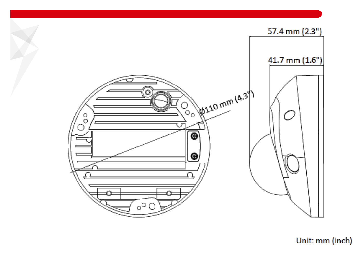 DS-2CD2546G2-IWS-C 外形尺寸圖 Ø 110 mm × 57.4 mm (Ø 4.3" × 2.3")｜重量 Approx. 380 g (0.8 lb.)｜Unit: mm