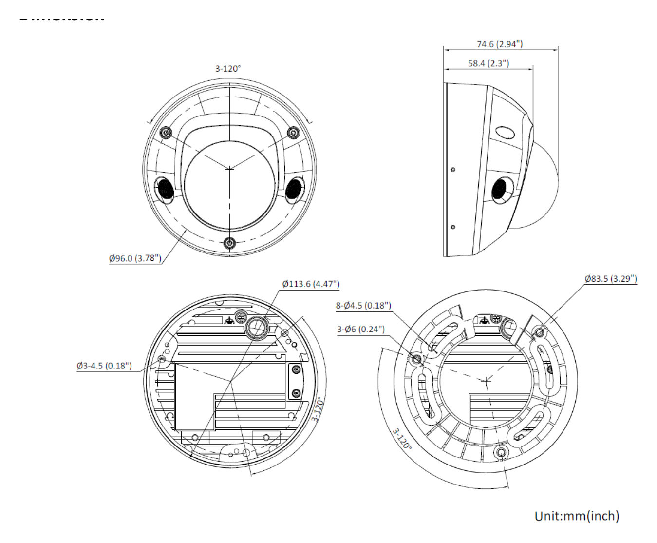 DS-2CD2546G3-IWZS2UY 外形尺寸圖 Ø 113.6 mm × 74.6 mm (Ø 4.5" × 2.9")｜重量 Approx. 400 g (0.9 lb.)｜Unit: mm