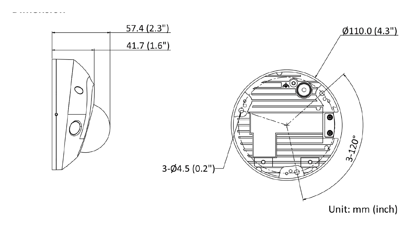 DS-2CD2563G2-IS 外形尺寸圖 Ø 110 mm × 57.4 mm (Ø 4.3" × 2.3")｜重量 Approx. 375 g (0.8 lb.)｜Unit: mm