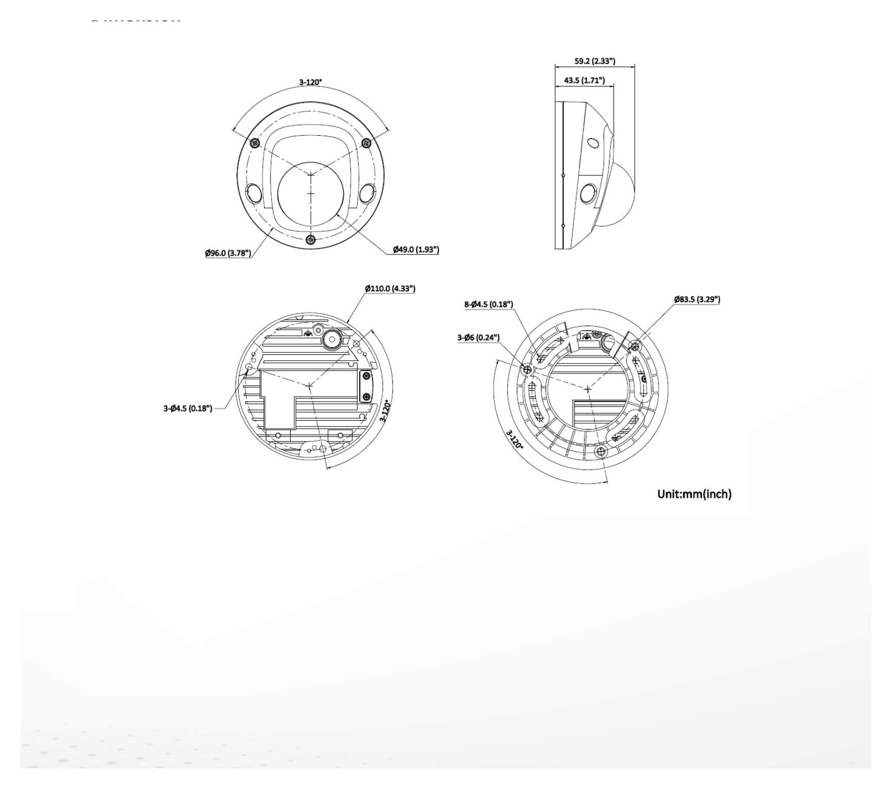DS-2CD2563G2-LIWS2U 外形尺寸圖 Ø 110 mm × 59.2 mm (Ø 4.33" × 2.33")｜重量 Approx. 390 g (0.9 lb.)｜Unit: mm
