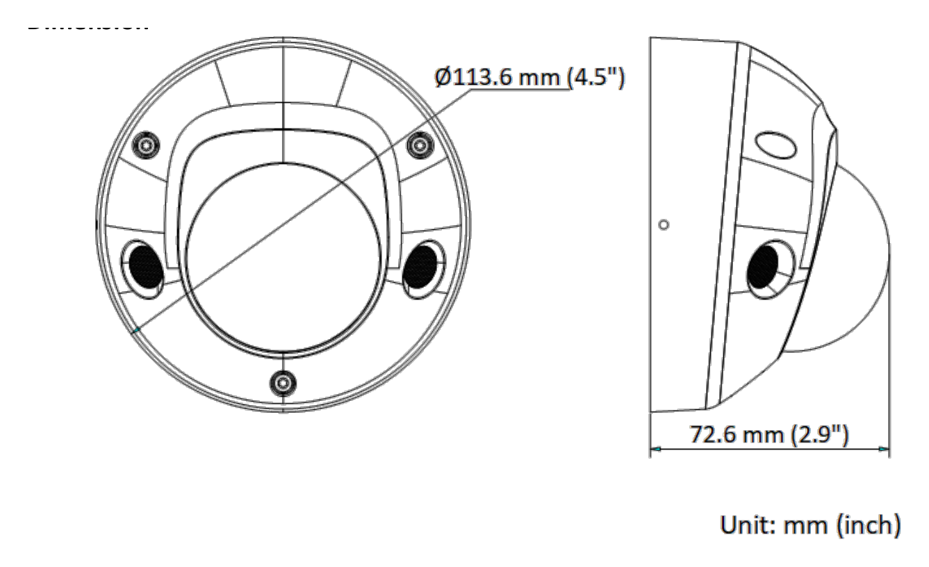 DS-2CD2583G2-IS 外形尺寸圖 Ø 113.6 mm × 72.6 mm (Ø 4.5" × 2.9")｜重量 Approx. 400 g (0.9 lb.)｜Unit: mm