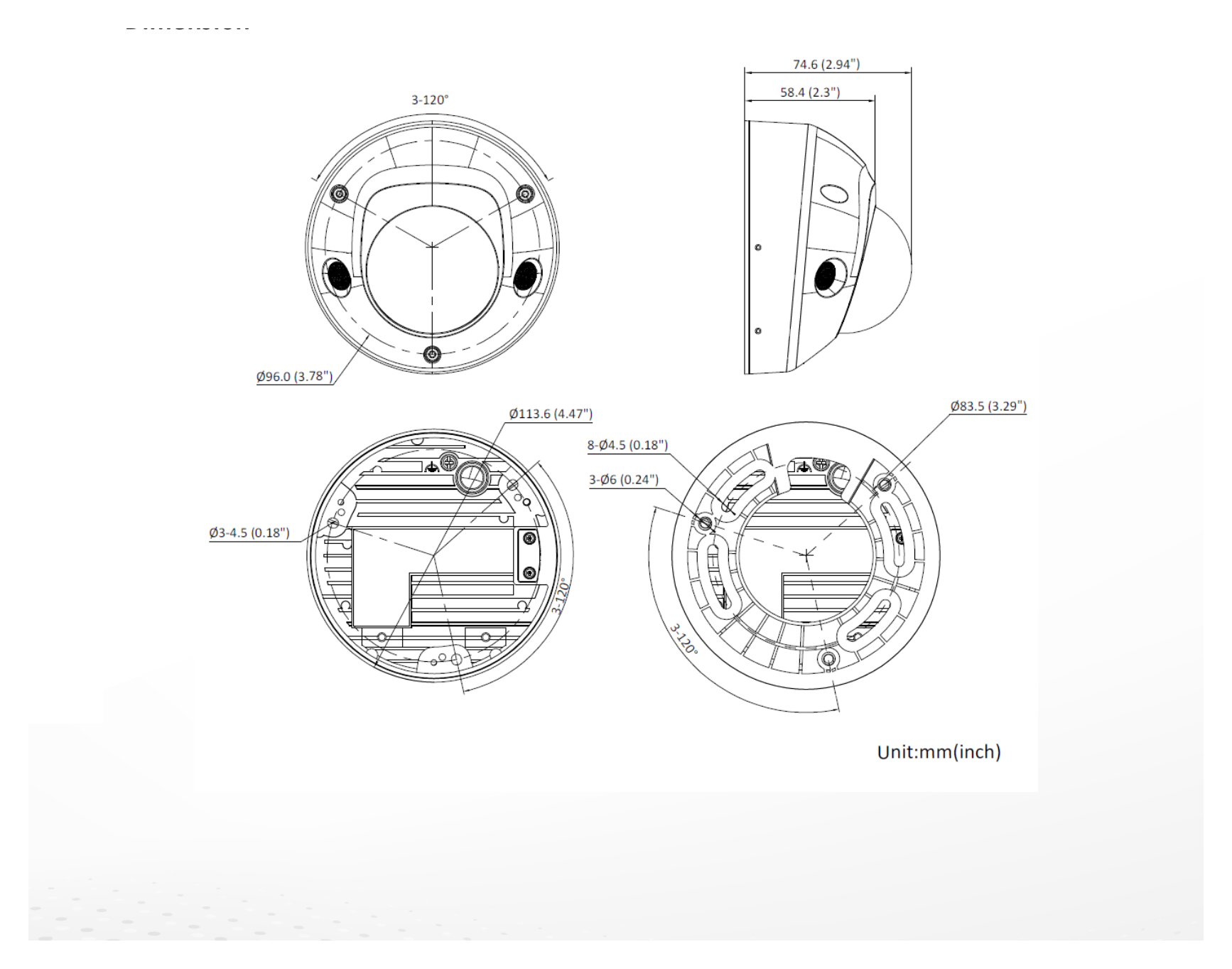 DS-2CD2583G2-LI(W)(S)(2U) 外形尺寸圖 Ø 113.6 mm × 74.6 mm (Ø 4.47" × 2.94")｜重量 Approx. 500 g (1.1 lb.)｜Unit: mm
