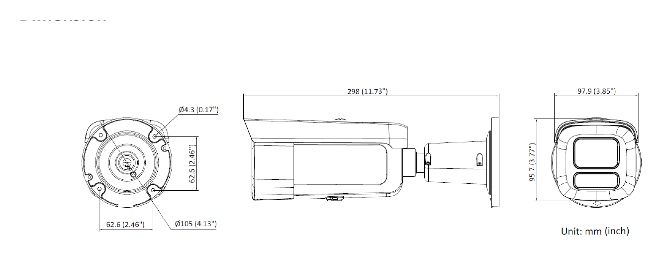 DS-2CD26123G2-LIZS2UY 外形尺寸圖 298 mm × 97.9 mm × 95.7 mm (11.73" × 3.85" × 3.77")｜重量 Approx. 1531 g (3.4 lb.)｜Unit: mm