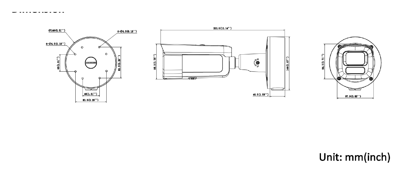 DS-2CD26126G3-IZSY 外形尺寸圖 333.8 mm × 140 mm × 144 mm (13.14" × 5.51" × 5.67")｜重量 Approx. 1520 g (3.4 lb.)｜Unit: mm