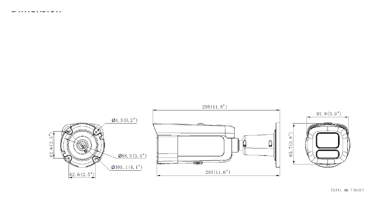 DS-2CD2623G2-LIZS2U 外形尺寸圖 298 mm × 97.9 mm × 95.7 mm (11.8" × 3.9" × 3.8")｜重量 Approx. 1531 g (3.4 lb.)｜Unit: mm