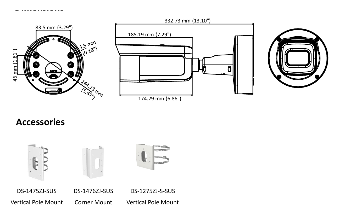 DS-2CD2625FHWD-IZS 外形尺寸圖 Φ144.13×332.73 mm (Φ5.67"× 13.10")｜重量 Camera: Approx. 1890 g (4.17 lb.)｜Unit: mm