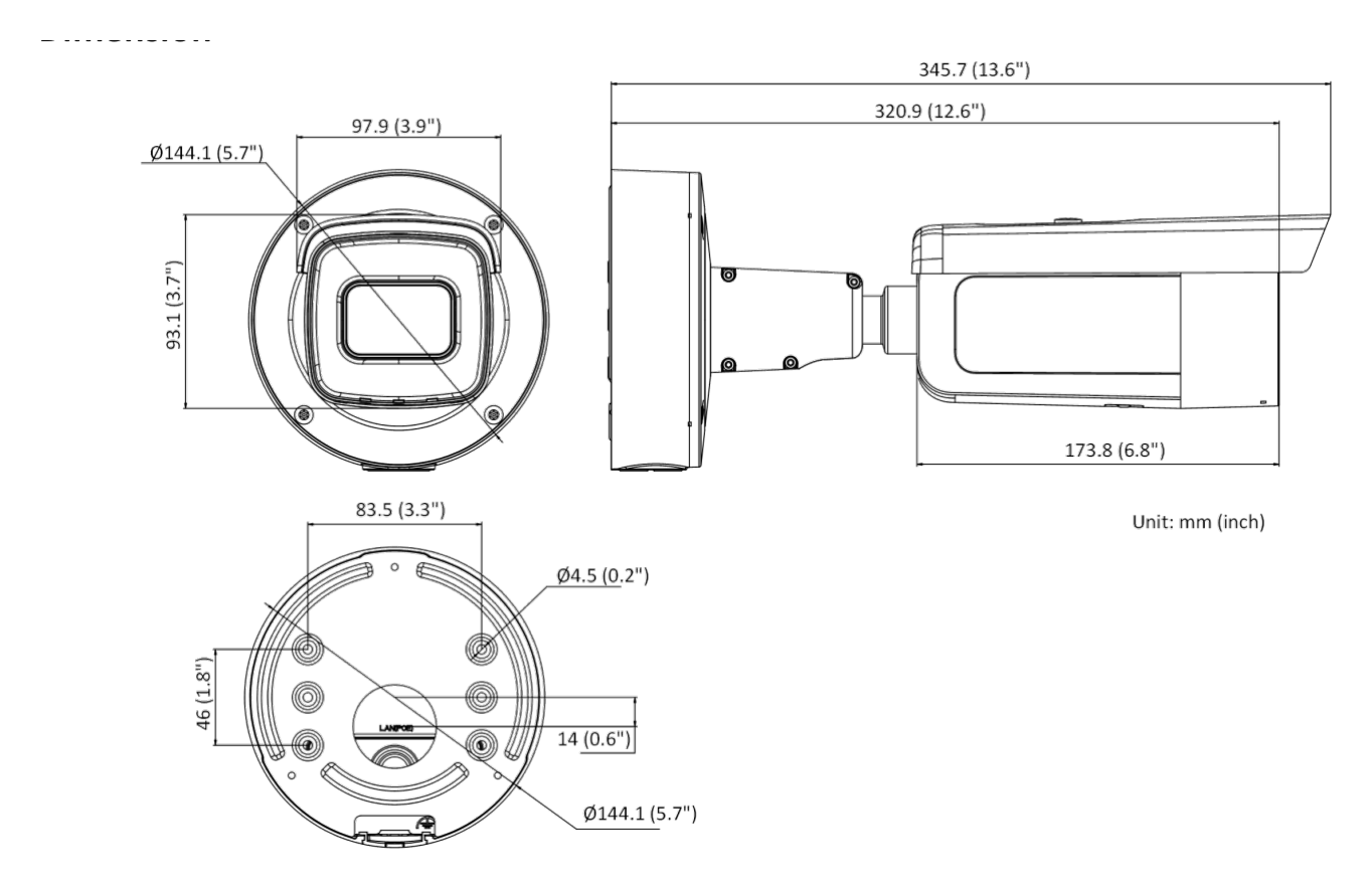 DS-2CD2626G2-IZS-D 外形尺寸圖 Ø 144.1 mm × 345.7 mm (Ø 5.7" × 13.6")｜重量 Approx. 1450 g (3.2 lb.)｜Unit: mm