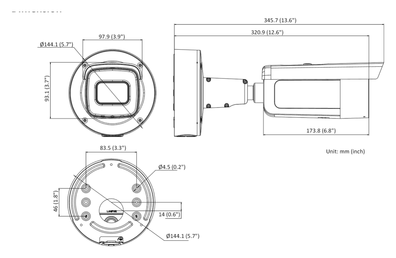 DS-2CD2626G2-IZSU 外形尺寸圖 Ø 144.1 mm × 345.7 mm (Ø 5.7" × 13.6")｜重量 Approx. 1450 g (3.2 lb.)｜Unit: mm