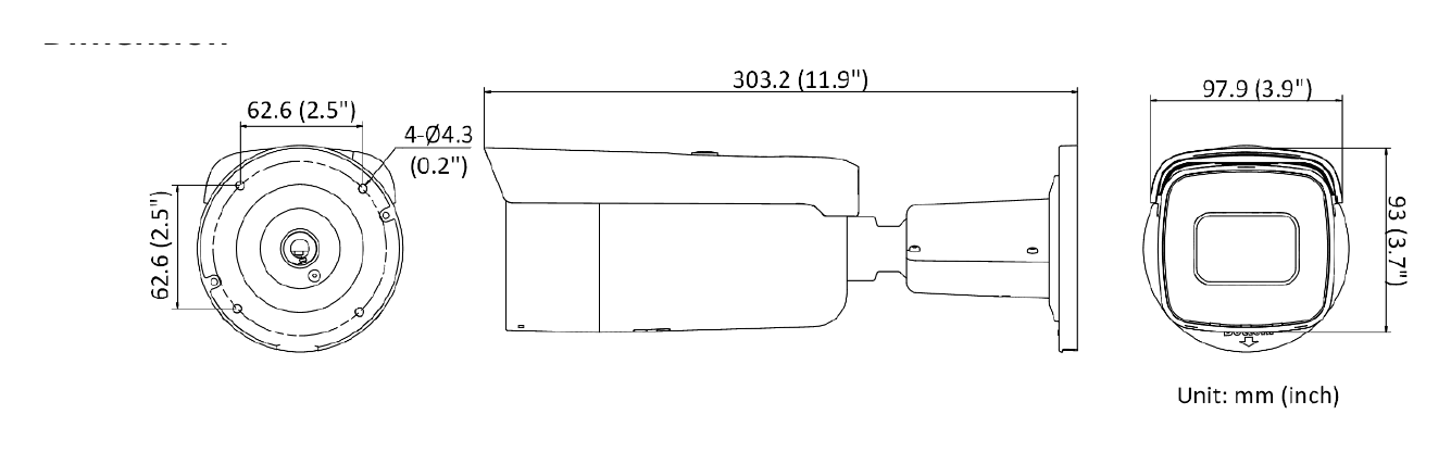 DS-2CD2626G2T-IZS-D 外形尺寸圖 97.9 mm × 93 mm × 303.2 mm (3.9" × 3.7" × 11.9")｜重量 Approx. 1375 g (3.0 lb.)｜Unit: mm