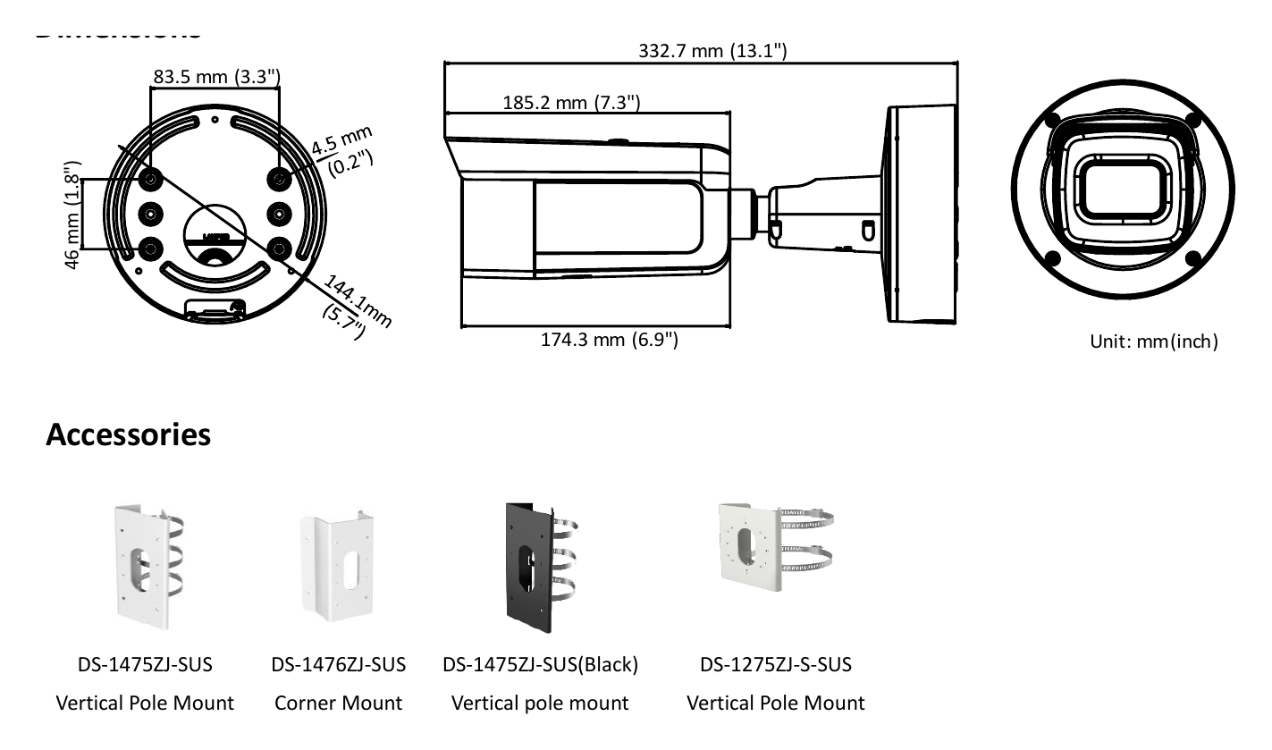 DS-2CD2645FWD-IZS 外形尺寸圖 Φ144.1 × 332.7 mm (Φ5. 7"× 13.1")｜重量 Camera: approx. 1893 g (4.2 lb.) 332.7 mm (13.1") 83.5 mm (3.3") 185.2 mm (7.3") 46