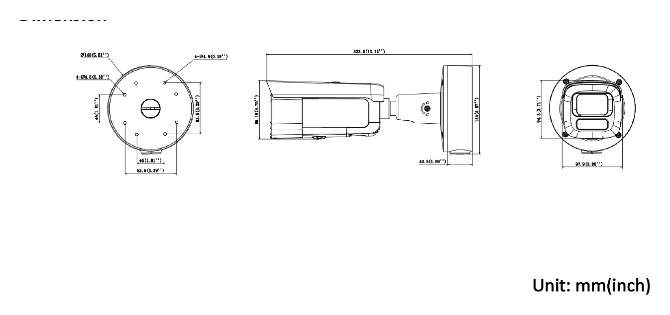 DS-2CD2646G2H-IZS2U 外形尺寸圖 Ø 140 mm × 333.8 mm (Ø 5.5" × 13.1")｜重量 Approx. 1520 g (3.4 lb.)｜Unit: mm