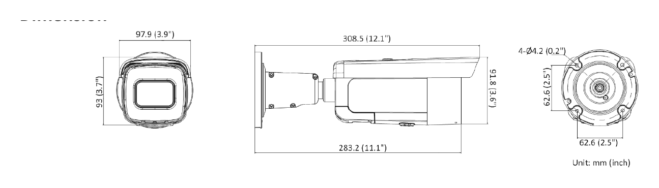 DS-2CD2646G2T-IZS-C 外形尺寸圖 97.9 mm × 93 mm × 308.5 mm (3.9" × 3.7" × 12.1")｜重量 Approx. 1355 g (3.0 lb.)｜Unit: mm