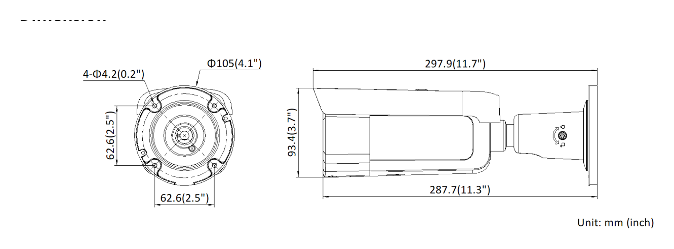 DS-2CD2646G2T-IZSY-C 外形尺寸圖 105 mm × 105 mm × 297.9 mm (4.1" × 4.1" × 11.7")｜重量 Approx. 1355 g (3 lb.)｜Unit: mm
