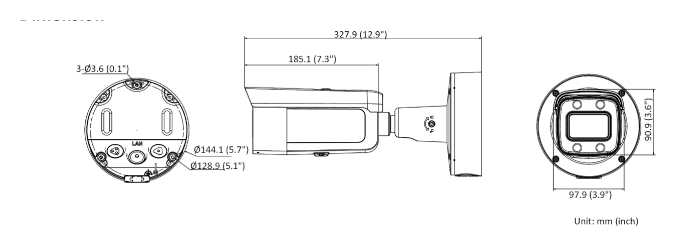 DS-2CD2647G2-LZS-C 外形尺寸圖 327.9 mm × 97.9 mm × 90.9 mm (12.9" × 3.9" × 3.6")｜重量 Approx. 1520 g (3.4 lb.)｜Unit: mm