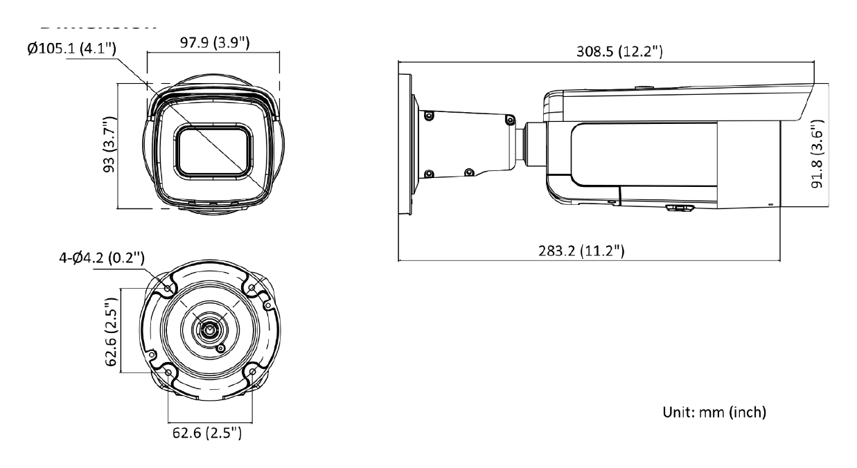 DS-2CD2663G2-IZS 外形尺寸圖 308.5 mm × 97.9 mm × 93 mm (12.2" × 3.9" × 3.7")｜重量 Approx. 1385 g (3.1 lb.)｜Unit: mm