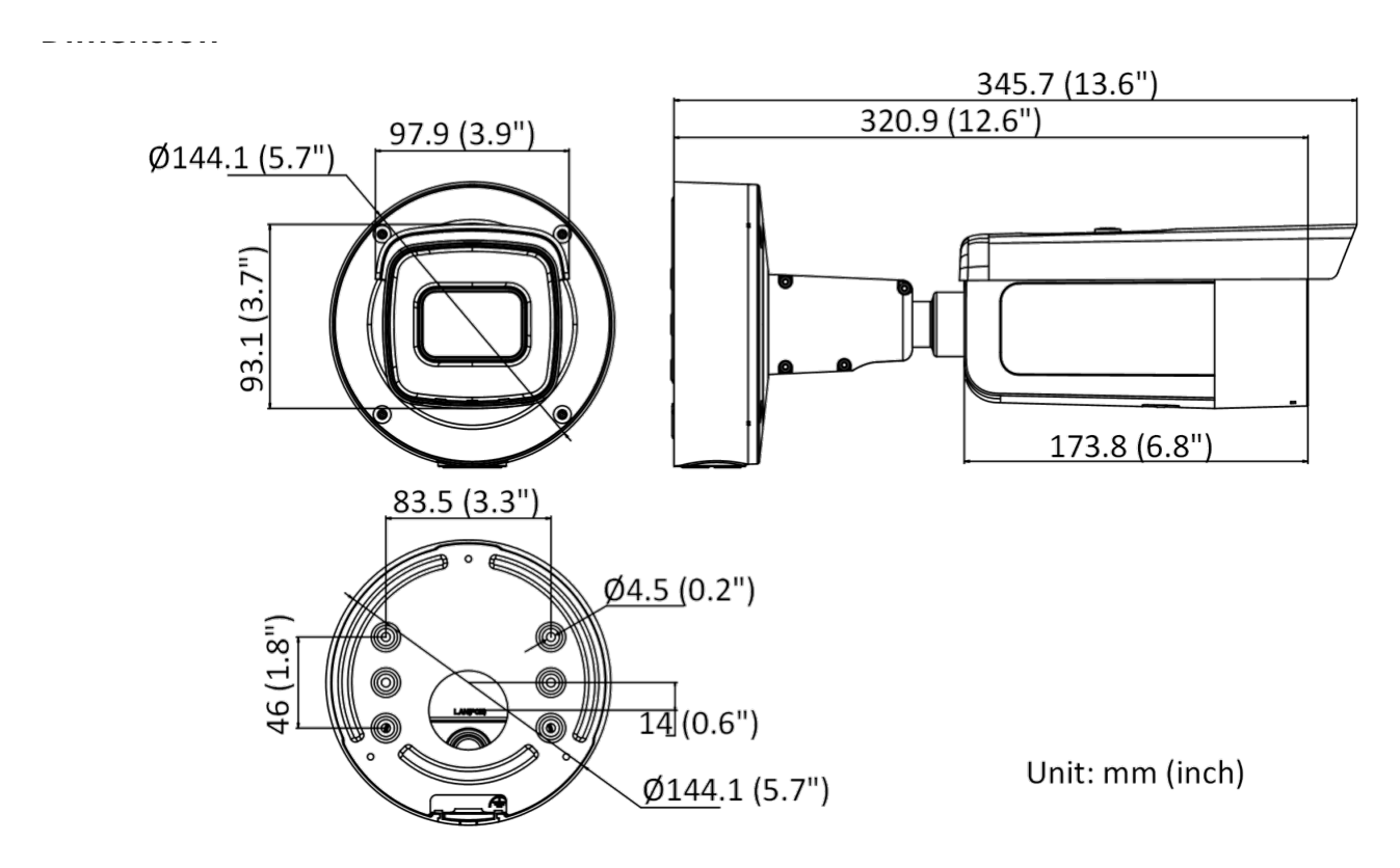 DS-2CD2666G2-IZS-C 外形尺寸圖 Ø 144.1 mm × 345.7 mm (Ø 5.7" × 13.6")｜重量 Approx. 1450 g (3.2 lb.)｜Unit: mm
