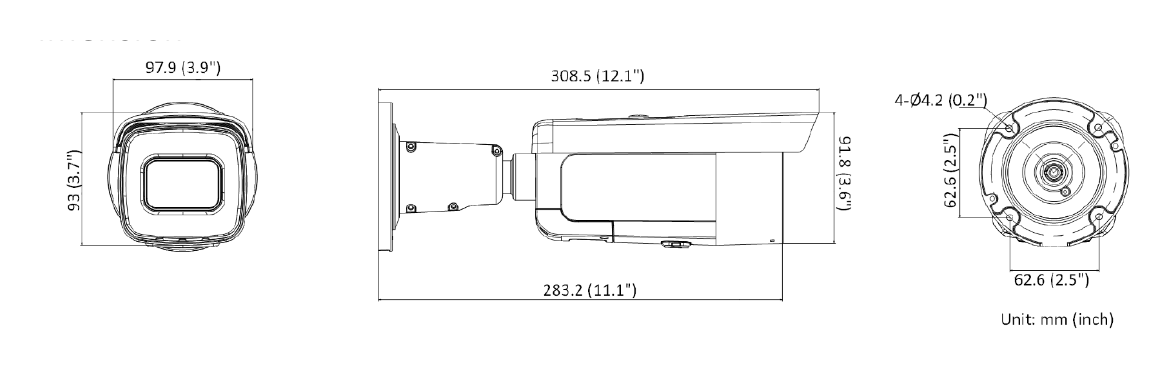 DS-2CD2666G2T-IZS-C 外形尺寸圖 97.9 mm × 93 mm × 308.5 mm (3.9" × 3.7" × 12.1")｜重量 Approx. 1370 g (3.0 lb.)｜Unit: mm