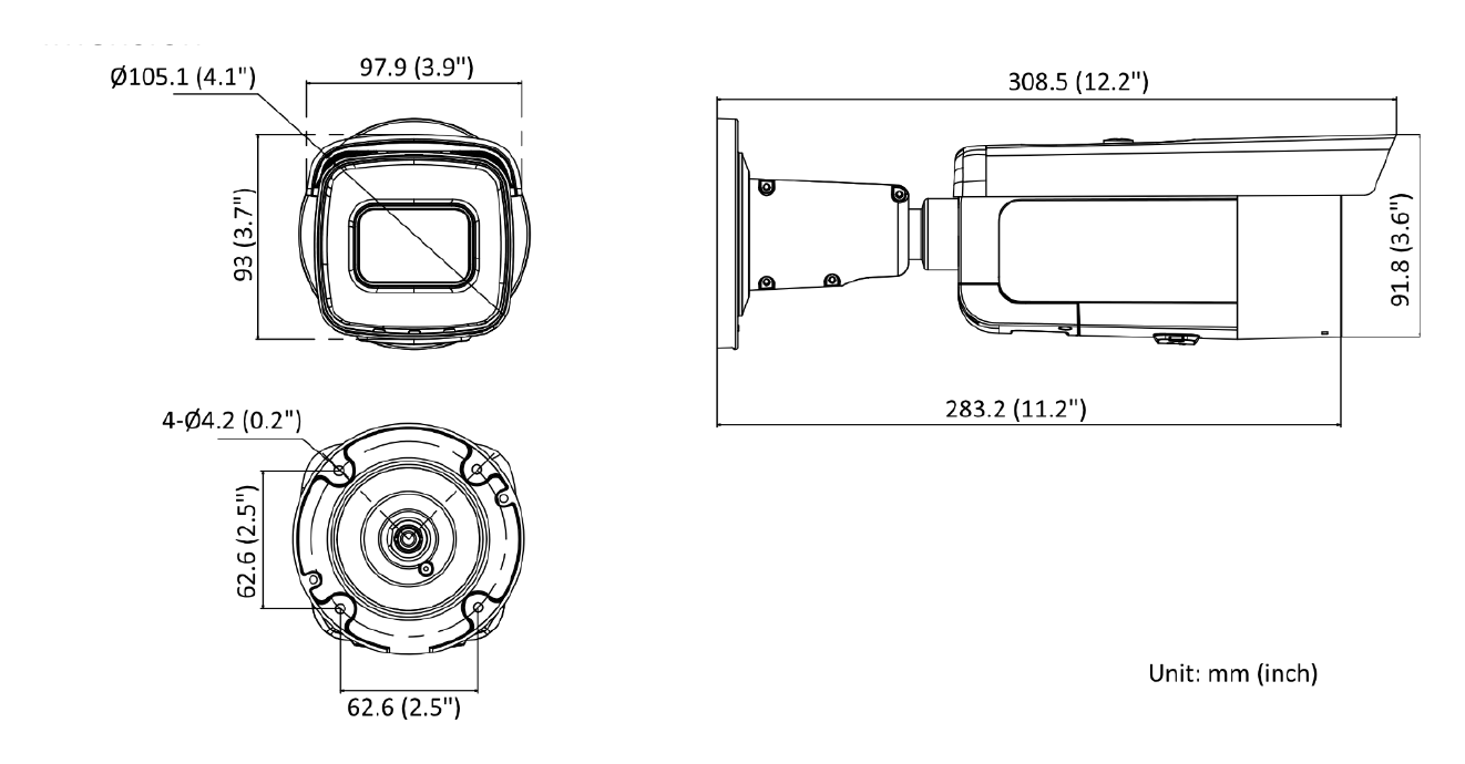 DS-2CD2683G2-IZS 外形尺寸圖 308.5 mm × 97.9 mm × 93 mm (12.2" × 3.9" × 3.7")｜重量 Approx. 1385 g (3.1 lb.)｜Unit: mm