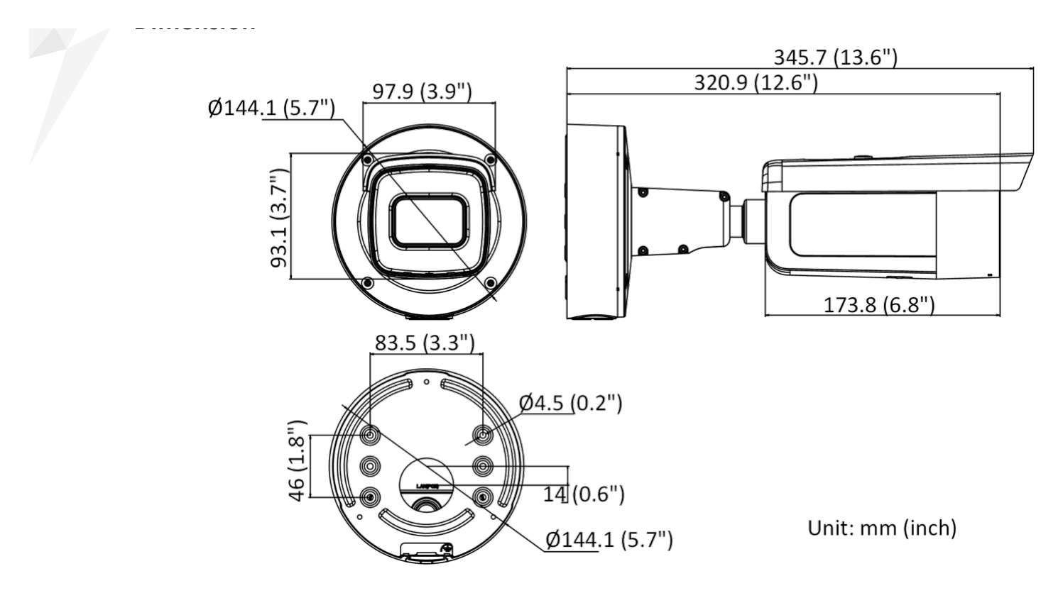 DS-2CD2686G2-IZS-C 外形尺寸圖 Ø 144.1 mm × 345.7 mm (Ø 5.7" × 13.6")｜重量 Approx. 1430 g (3.2 lb.)｜Unit: mm