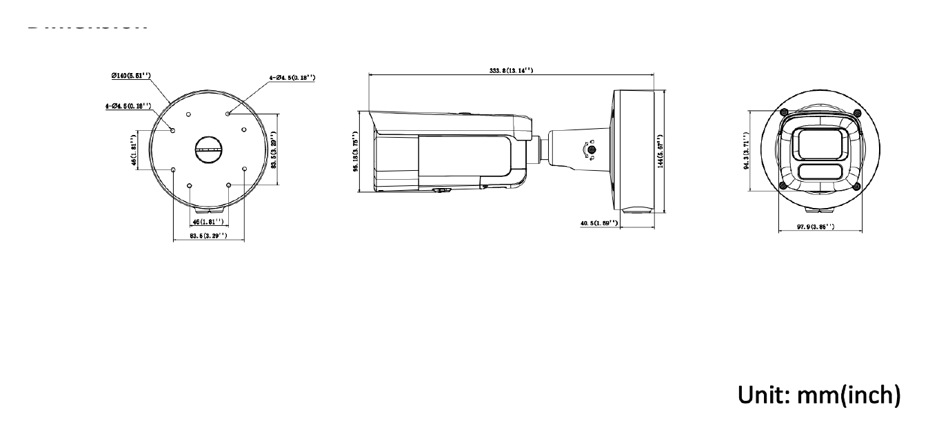 DS-2CD2686G2H-IZS2U 外形尺寸圖 Ø 140 mm × 333.8 mm (Ø 5.5" × 13.1")｜重量 Approx. 1520 g (3.4 lb.)｜Unit: mm