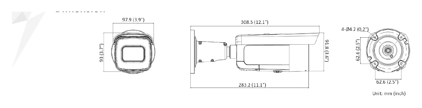 DS-2CD2686G2T-IZS-C 外形尺寸圖 97.9 mm × 93 mm × 308.5 mm (3.9"× 3.7" × 12.1")｜重量 Approx. 1380 g (3.0 lb.) FCC (47 CFR Part 15, Subpart B); CE-EMC (EN