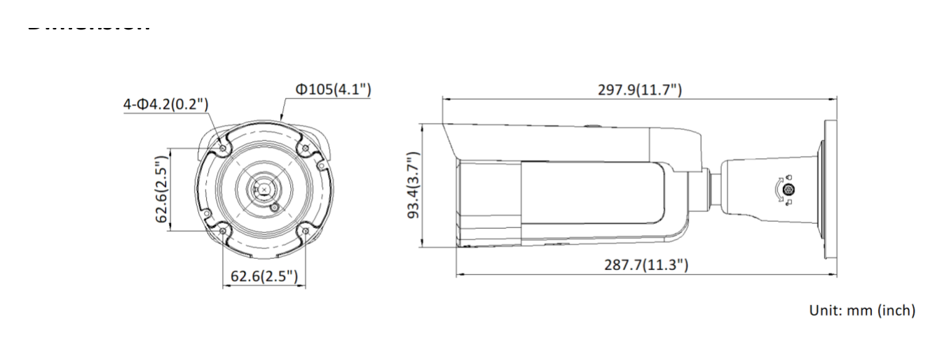 DS-2CD2686G2T-IZSY-C 外形尺寸圖 105 mm × 105 mm × 297.9 mm (4.1" × 4.1" × 11.7")｜重量 Approx. 1410 g (3.1 lb.)｜Unit: mm